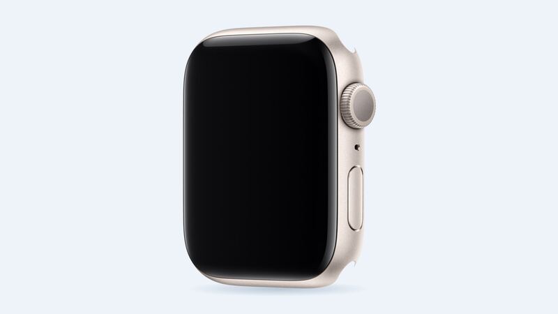 Apple Watch SE (2nd generation) in Starlight aluminum, case angled view