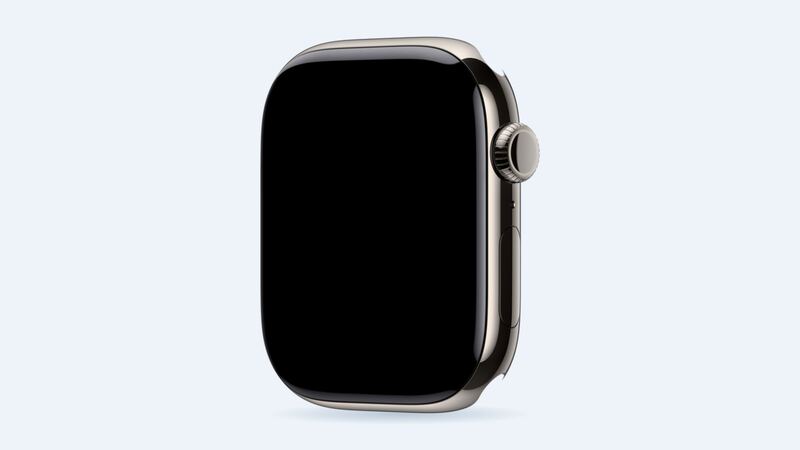 Apple Watch Series 10 in natural titanium, angled front view of the case and Digital Crown