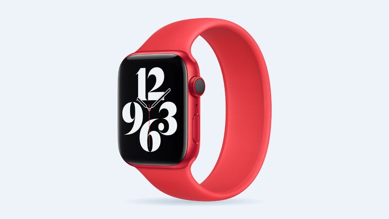 Apple Watch Series 6 in (PRODUCT)RED aluminum with a red Solo Loop band