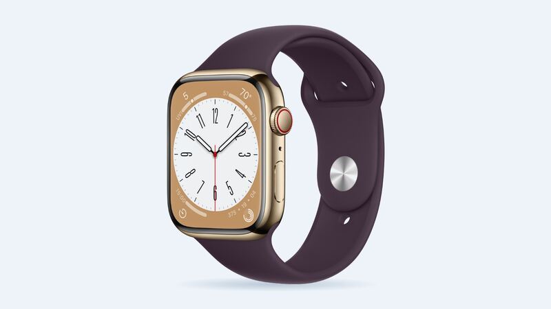 Apple Watch Series 8 in gold stainless steel with a plum sport band
