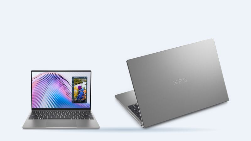 Dell XPS 13 (2026) in Storm gray, open front view and closed lid view, official Dell images