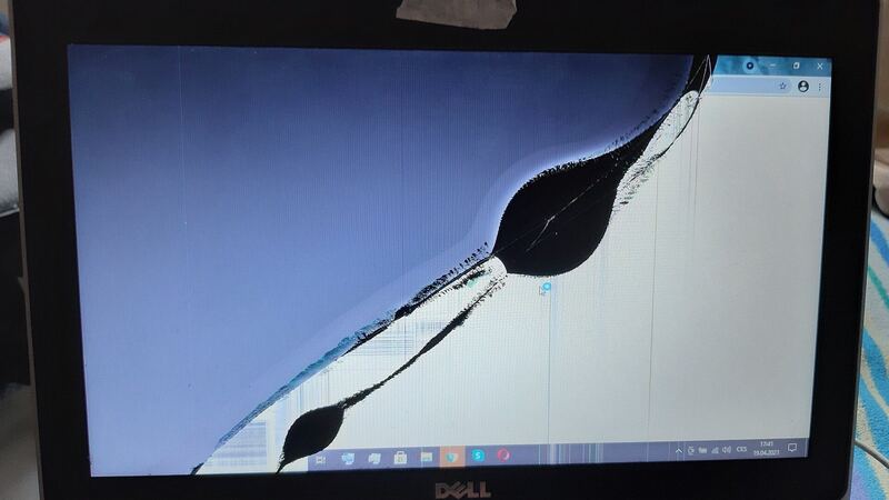 Dell laptop with a cracked LCD screen showing black damage across the display (older Dell model)