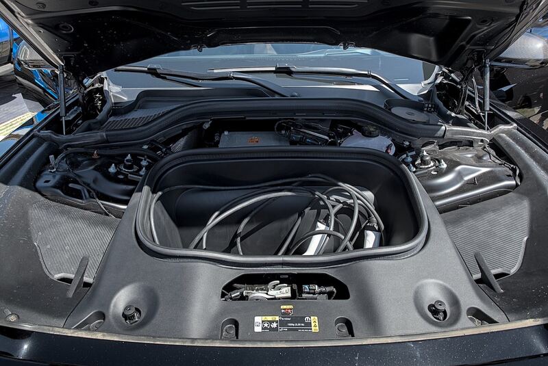 Open front trunk and under-hood area of a 2024 Dodge Charger Daytona EV