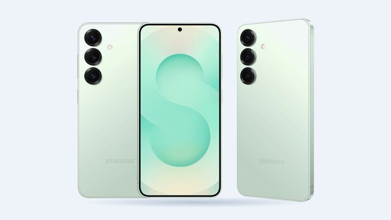 Galaxy S25 in Mint, back, front and angled back views, official Samsung image
