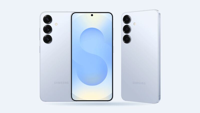Galaxy S25 in Icy Blue, back, front and angled back views, official Samsung image