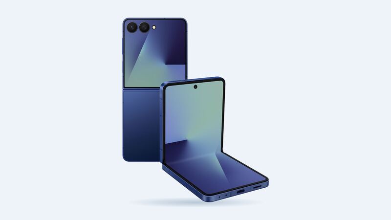 Galaxy Z Flip7 in Blue Shadow, one open and one folded, official Samsung image