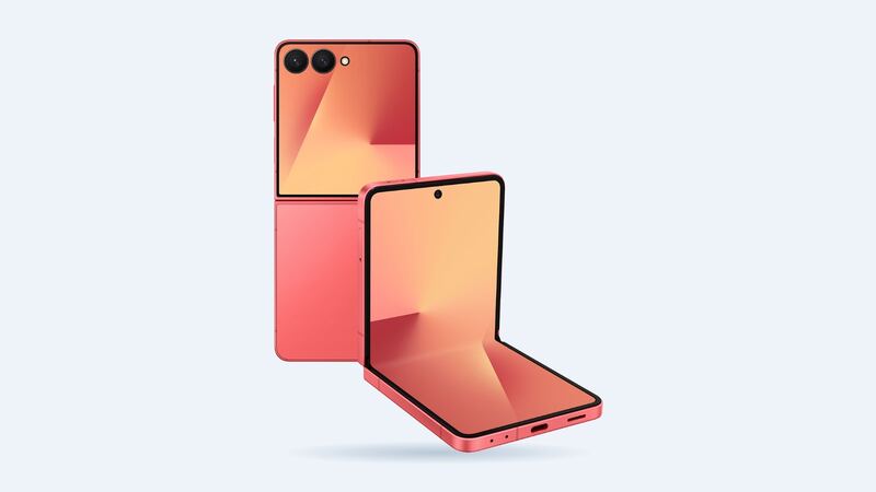 Galaxy Z Flip7 in Coral Red, one open and one folded, official Samsung image