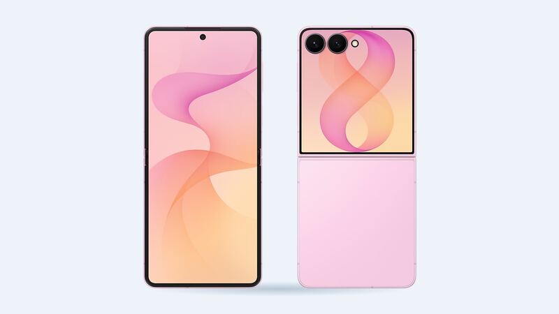 Galaxy Z Flip8 in Pink, open inner screen and closed back with cover screen