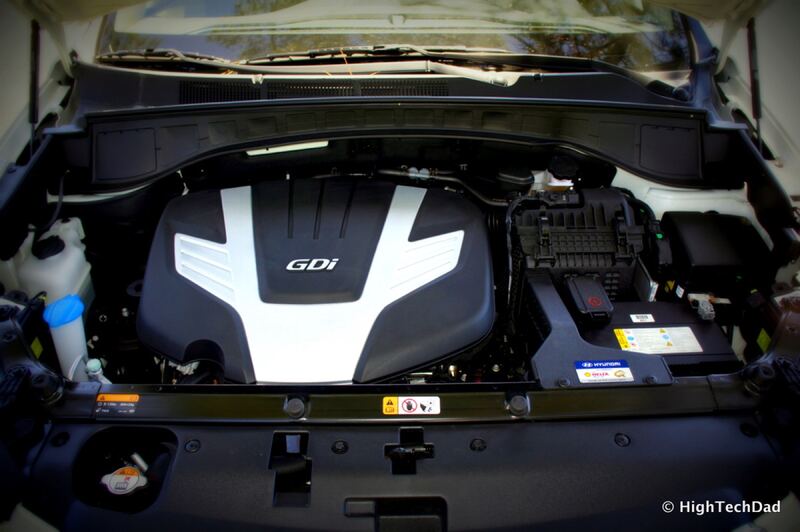 Engine bay of a 2014 Hyundai Santa Fe Limited with the hood open