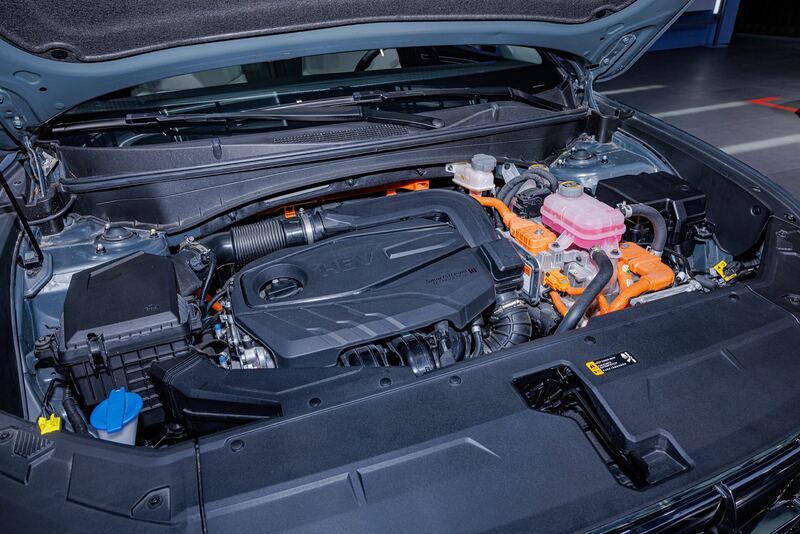 Hyundai Tucson Hybrid engine bay with the hood open