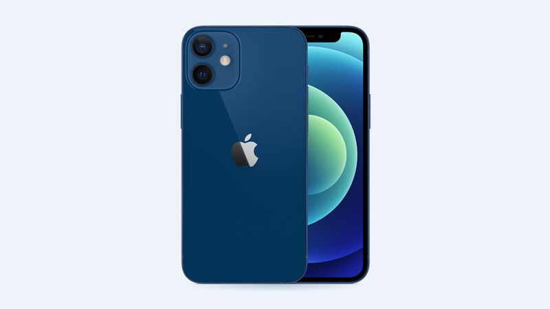 Blue iPhone 12 mini, front and back