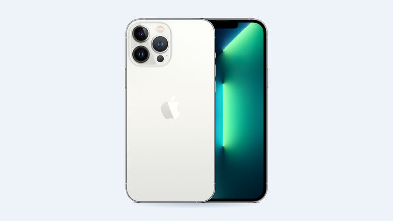 Silver iPhone 13 Pro Max, front and back