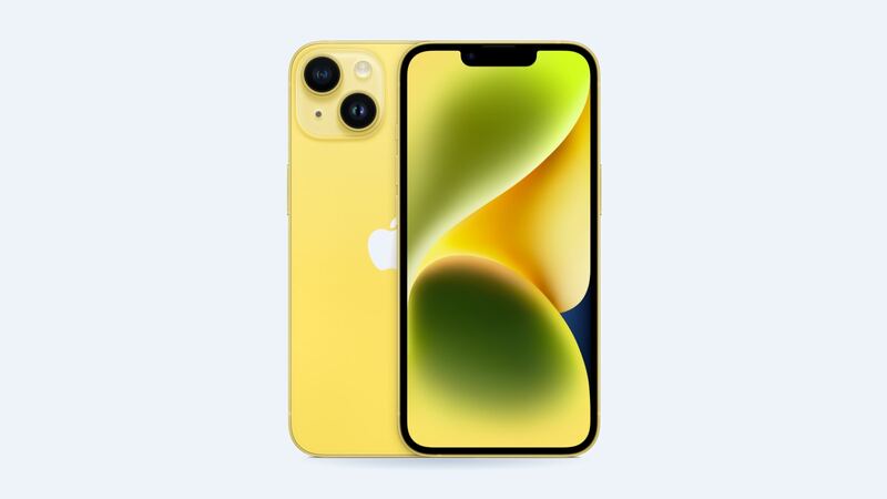 Yellow iPhone 14, back and front