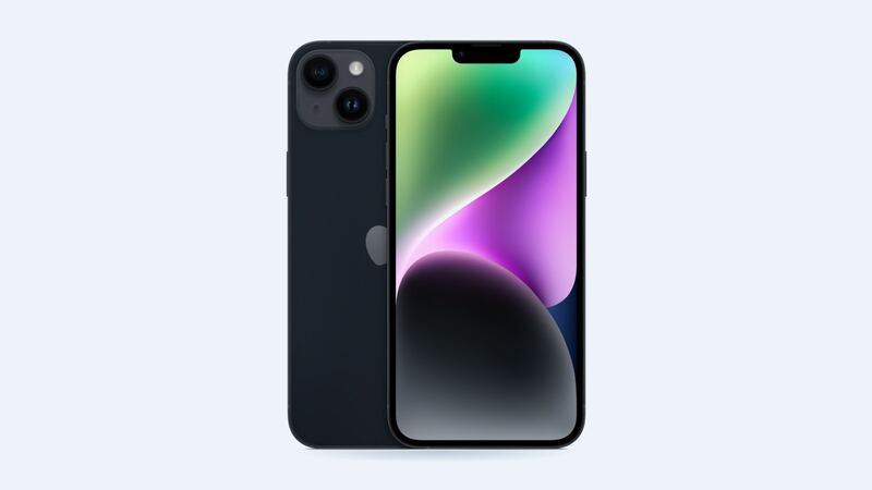 iPhone 14 Plus in midnight, back and front