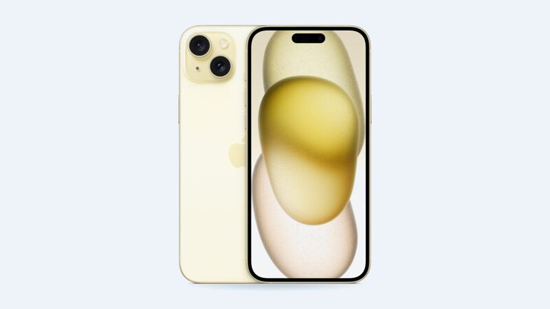Yellow iPhone 15 Plus, back and front