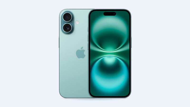 iPhone 16 in teal, front and back