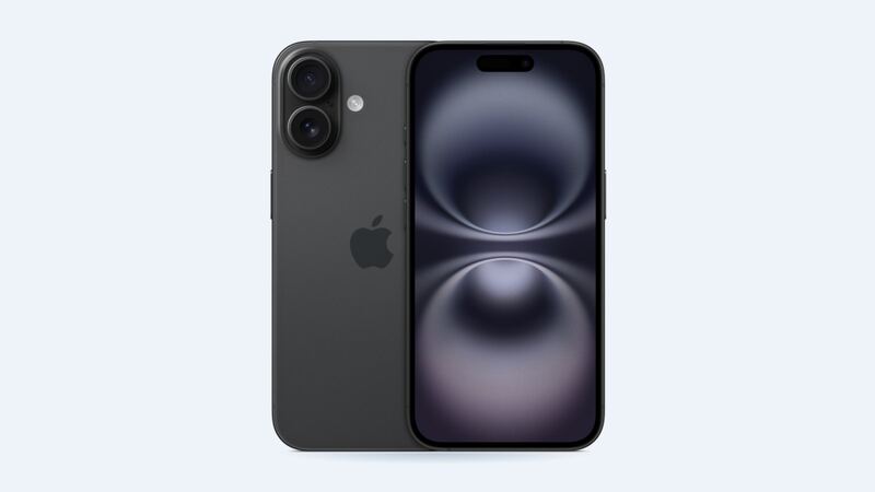 iPhone 16 in black, front and back