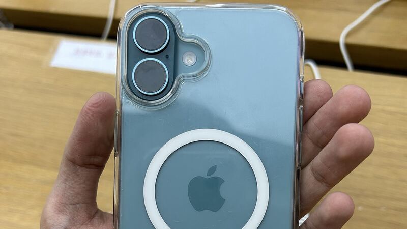 Back of an iPhone 16 Plus in teal in a clear MagSafe case
