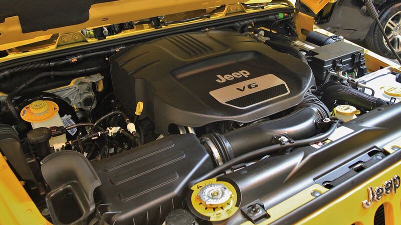 Jeep Wrangler 3.6-liter Pentastar V6 engine bay, the same engine used in the Grand Cherokee