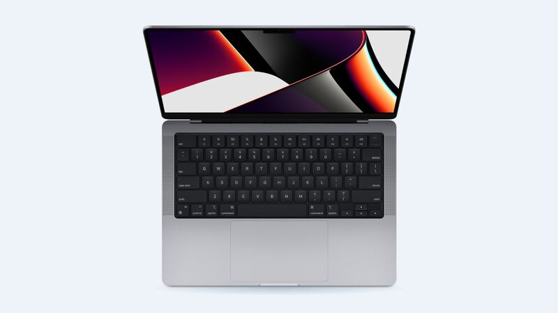 MacBook Pro 14-inch (2021) in Space Gray, open, top-down view of keyboard and display