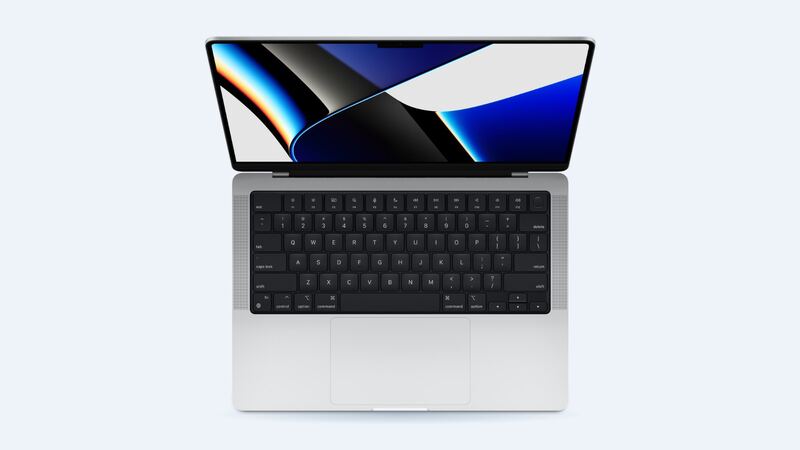 MacBook Pro 14-inch (2021) in Silver, open, top-down view of keyboard and display