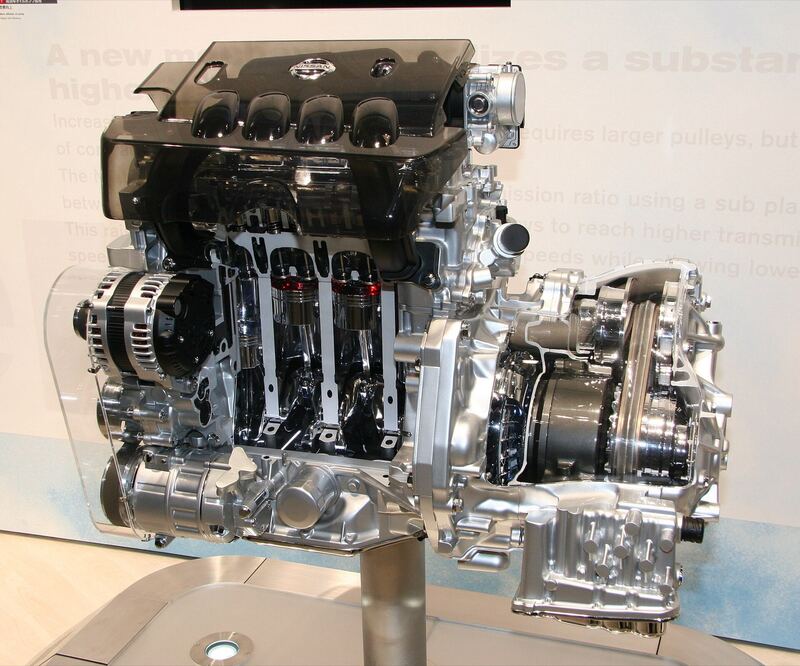 Nissan MR20DE engine paired with its Jatco CVT transmission on display