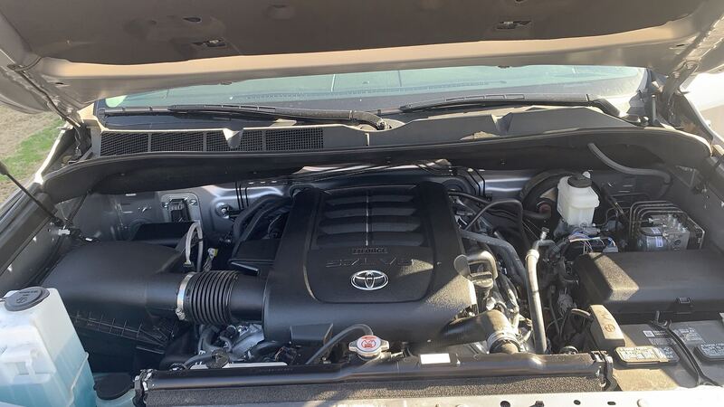 2020 Toyota Tundra with the hood open showing the V8 engine bay